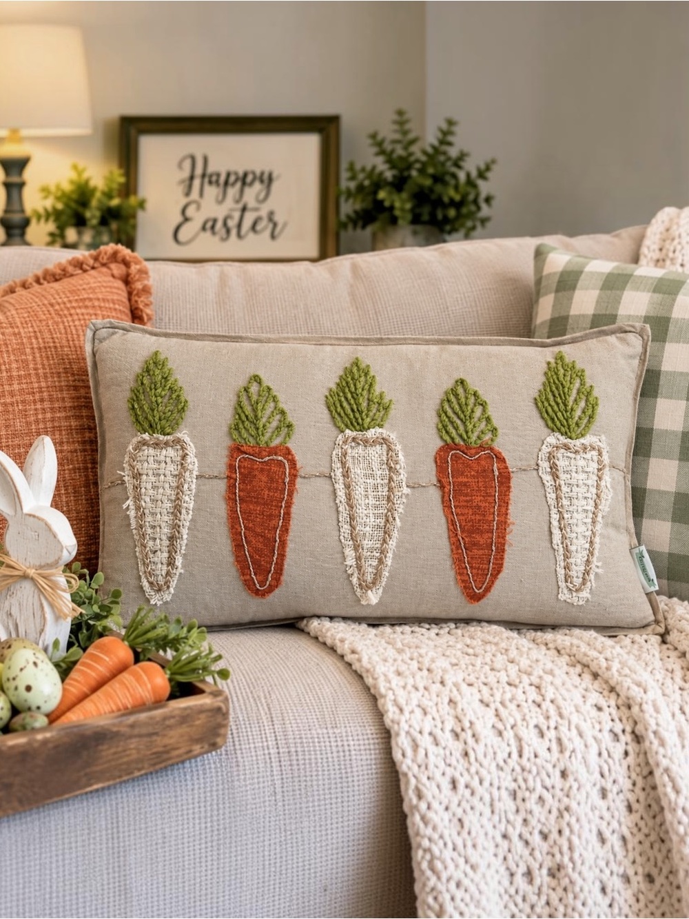 Bunny Boulevard Carrot Pillow 21x14 Embroidered Spring Easter Feather Down